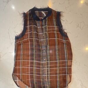 Samuji Brown/Blue Plaid Silk Woven Collared Sleeveless Button-Up Top‎ One Size